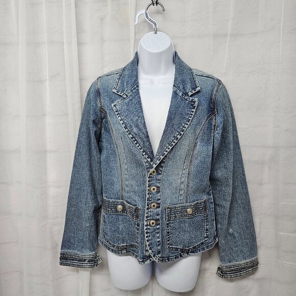OTB Blue Denim Blazer Jacket Y2K Boho Western Prairie Coastal L - Picture 11 of 11